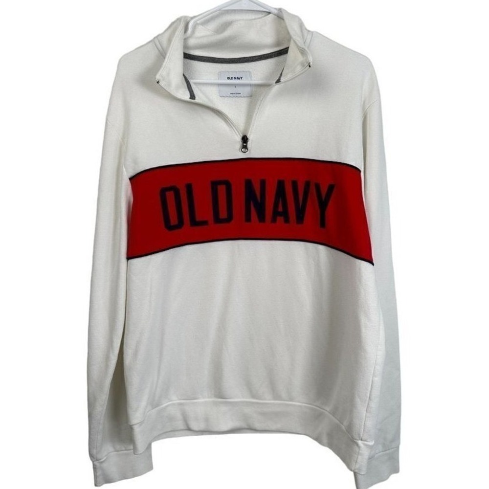 Old Navy Mens Quarter Zip Sweatshirt White Red Logo Fleece Pullover Large